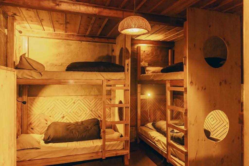 Wooden Bunk Beds Cozy Himalayan Hostel Room